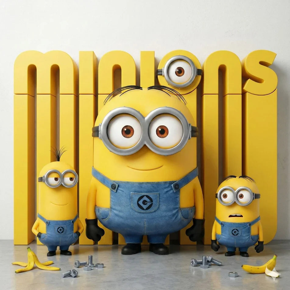 Two Minions cartoon characters laughing together in a tropical jungle background illustration