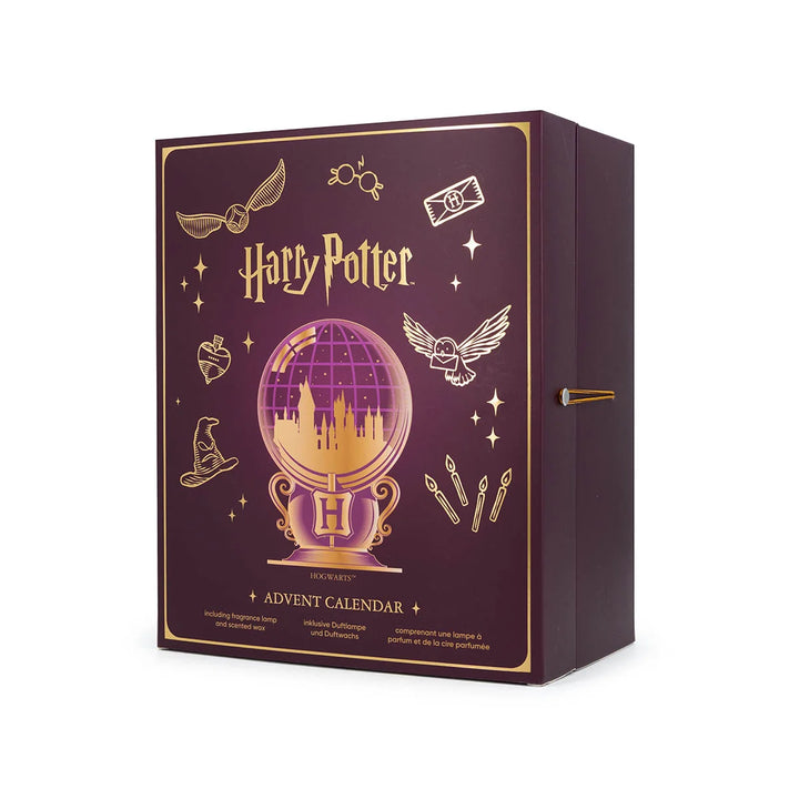 Harry Potter Advent Calendar in a premium purple and gold box featuring Hogwarts and magical icons. Includes 24 pieces of scented wax melts and one wax warmer.
