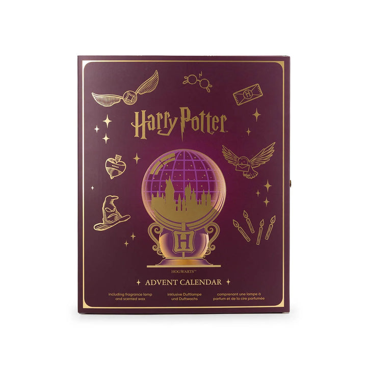 Harry Potter Advent Calendar in a premium purple and gold box featuring Hogwarts and magical icons. Includes 24 pieces of scented wax melts and one wax warmer.