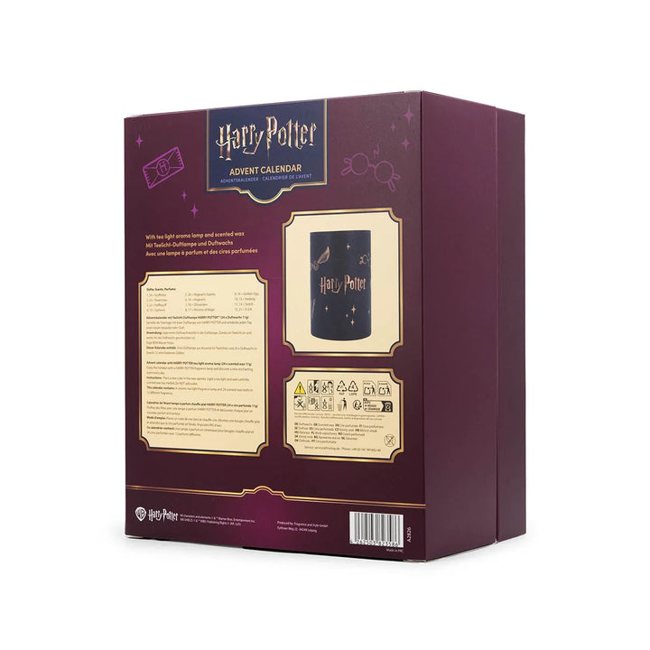Harry Potter Advent Calendar in a premium purple and gold box featuring Hogwarts and magical icons. Includes 24 pieces of scented wax melts and one wax warmer.