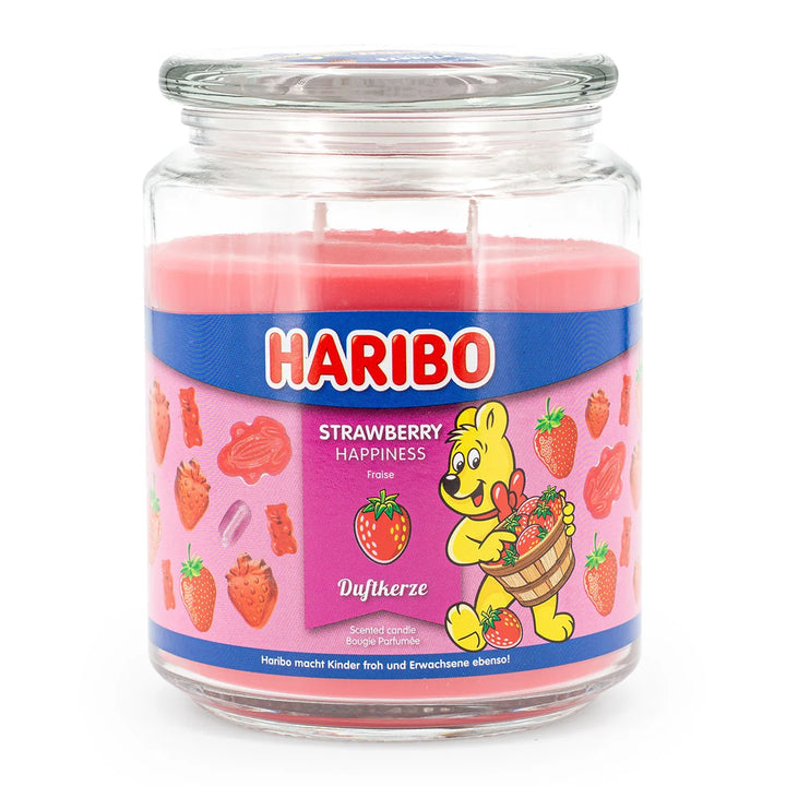 HARIBO Strawberry Happiness scented candle – red jar candle decorated with strawberries and the cheerful HARIBO bear design.