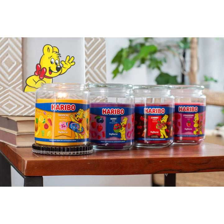 HARIBO Strawberry Happiness scented candle – red jar candle decorated with strawberries and the cheerful HARIBO bear design.