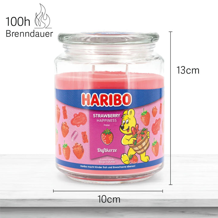 HARIBO Strawberry Happiness scented candle – red jar candle decorated with strawberries and the cheerful HARIBO bear design.