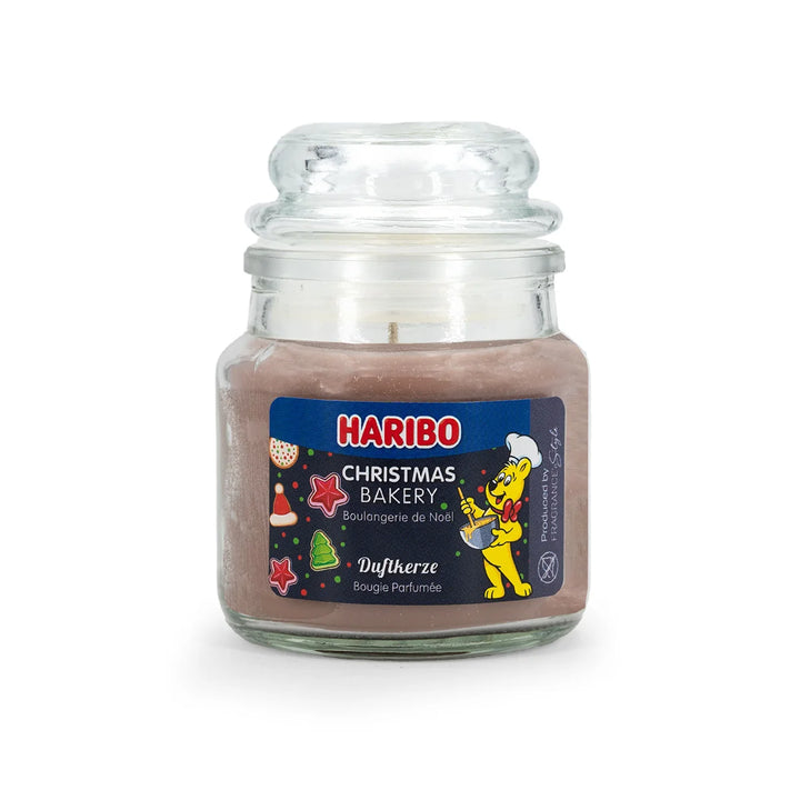 HARIBO Christmas Bakery scented candle – brown jar candle decorated with festive theme and the classic HARIBO bear design.