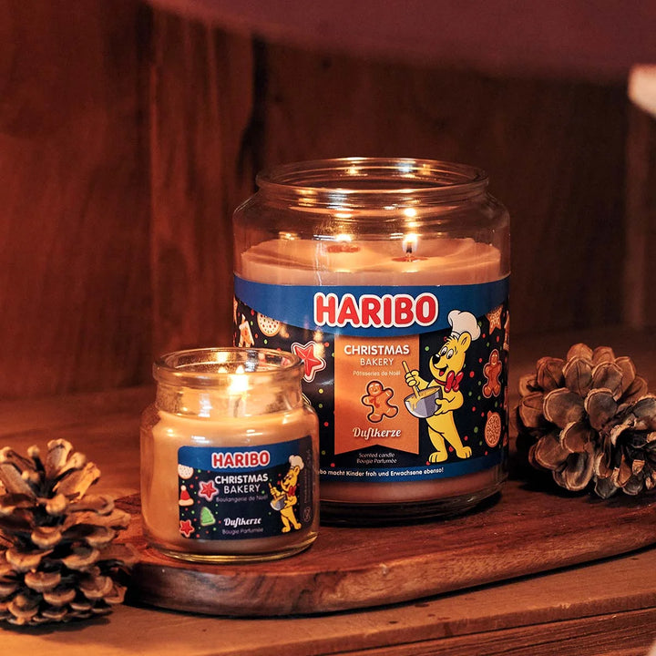 HARIBO Christmas Bakery scented candle – brown jar candle decorated with festive theme and the classic HARIBO bear design.