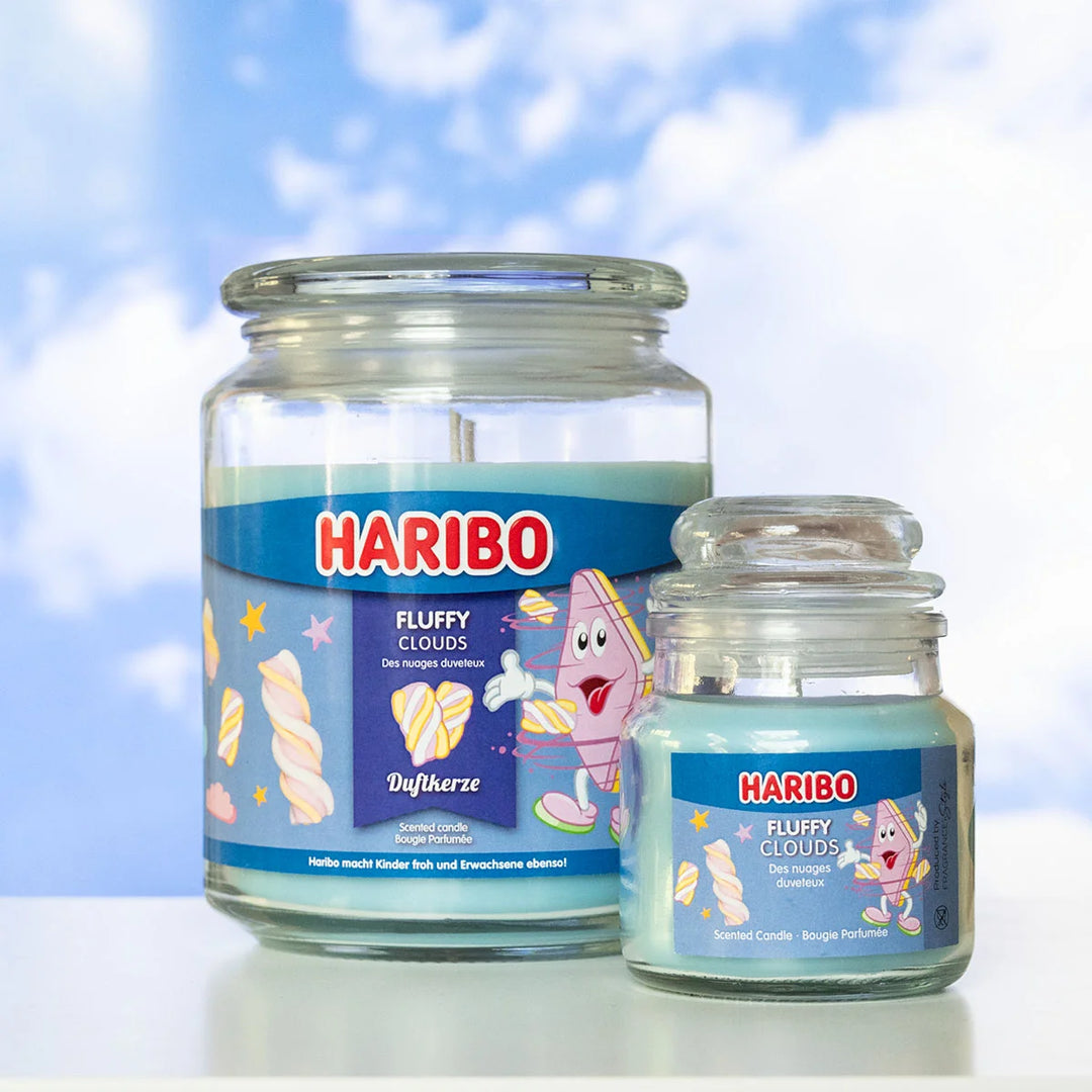 HARIBO Fluffy Clouds scented candle – blue jar candle with HARIBO Candy figure