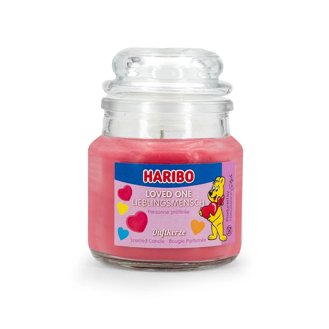 HARIBO Loved One scented candle – red jar candle decorated with hearts and the cheerful HARIBO bear holding a heart
