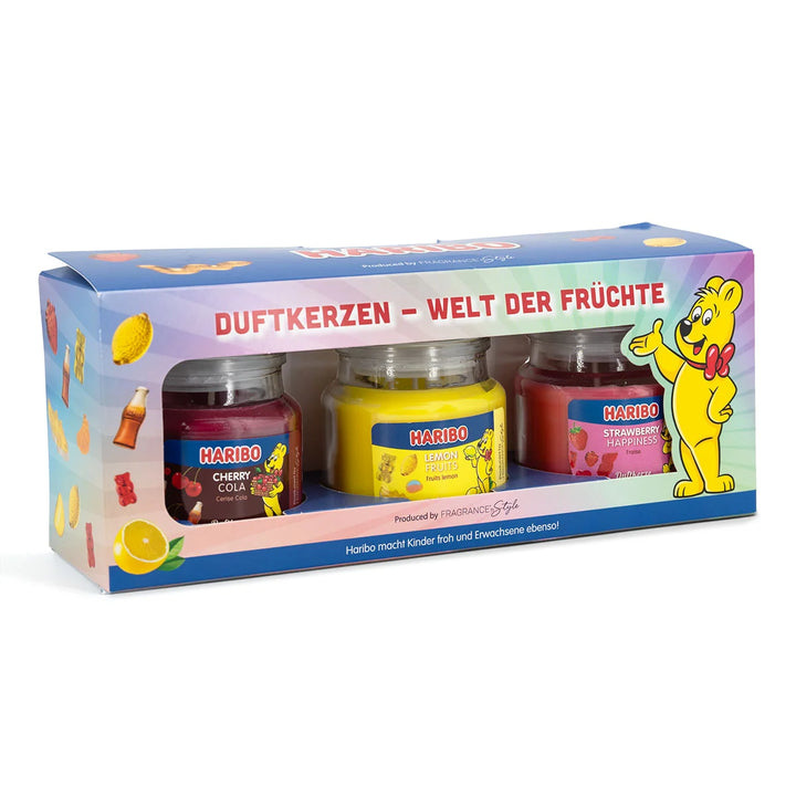 HARIBO Lemon Fruits scented candle set – gift box with three scented candles: Cherry Cola, Lemon Fruits, and Strawberry Happiness, featuring fruity fragrances and the cheerful HARIBO bear design.