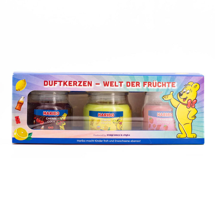HARIBO Lemon Fruits scented candle set – gift box with three scented candles: Cherry Cola, Lemon Fruits, and Strawberry Happiness, featuring fruity fragrances and the cheerful HARIBO bear design.