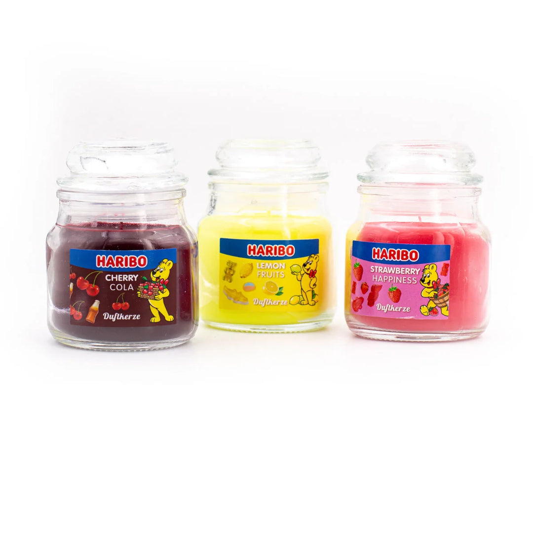 HARIBO Lemon Fruits scented candle set – gift box with three scented candles: Cherry Cola, Lemon Fruits, and Strawberry Happiness, featuring fruity fragrances and the cheerful HARIBO bear design.