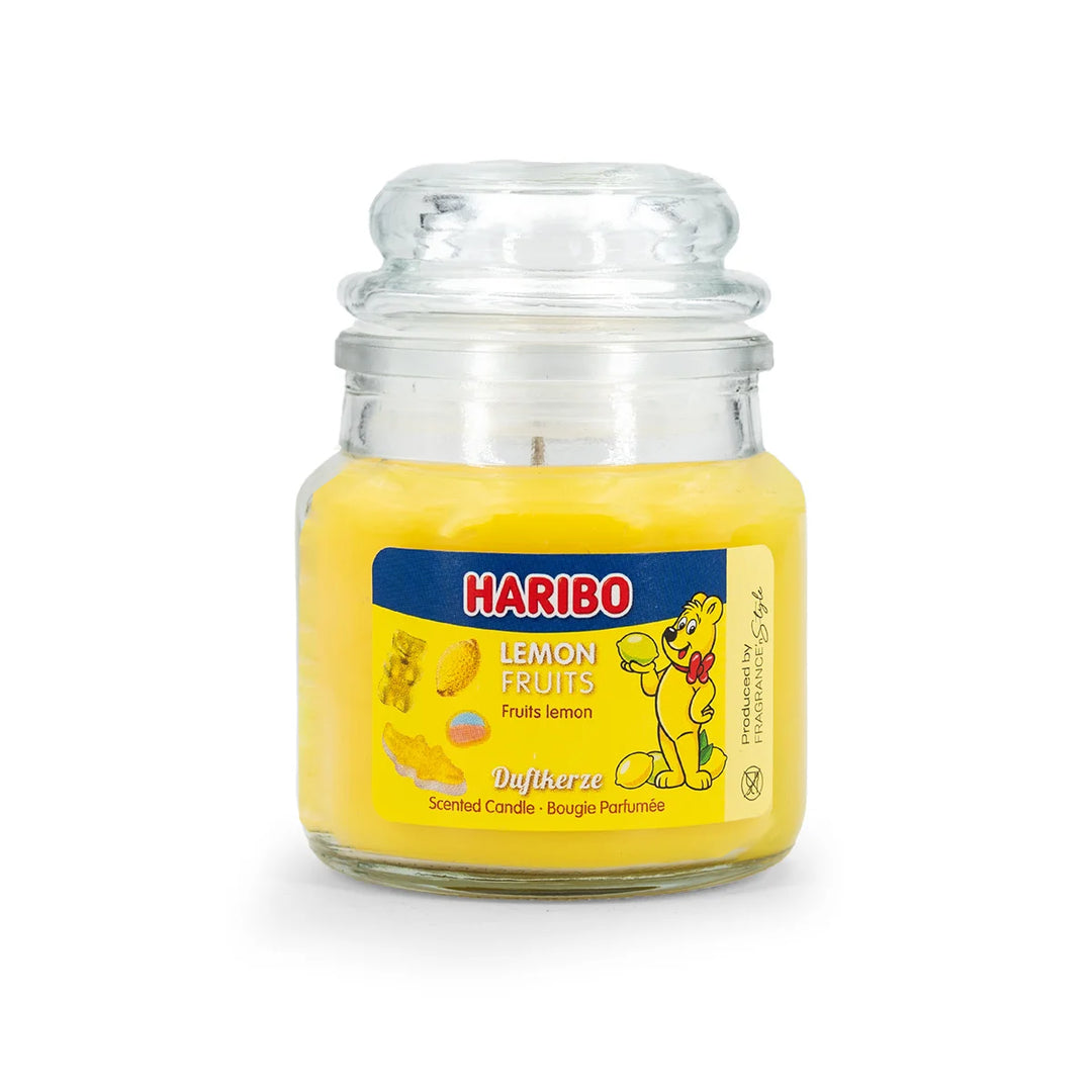 HARIBO Lemon Fruits scented candle set – gift box with three scented candles: Cherry Cola, Lemon Fruits, and Strawberry Happiness, featuring fruity fragrances and the cheerful HARIBO bear design.