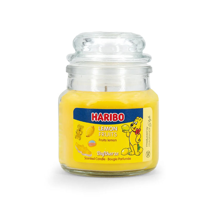 HARIBO Lemon Fruits scented candle set – gift box with three scented candles: Cherry Cola, Lemon Fruits, and Strawberry Happiness, featuring fruity fragrances and the cheerful HARIBO bear design.