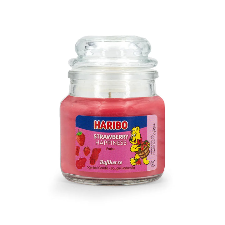 HARIBO Lemon Fruits scented candle set – gift box with three scented candles: Cherry Cola, Lemon Fruits, and Strawberry Happiness, featuring fruity fragrances and the cheerful HARIBO bear design.