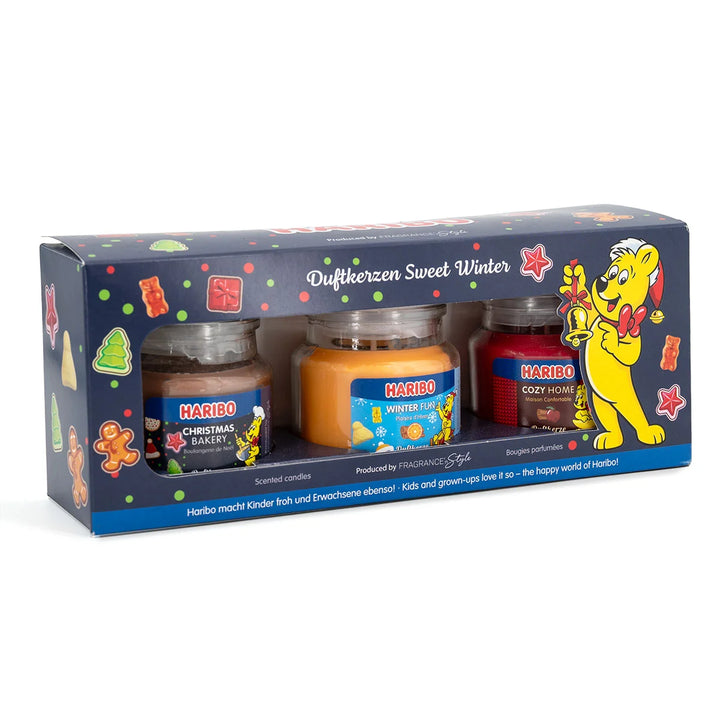 HARIBO Sweet Winter scented candle set – gift box with three scented candles: Christmas Bakery, Winter Fun, and Cozy Home, featuring festive packaging and the classic HARIBO bear design