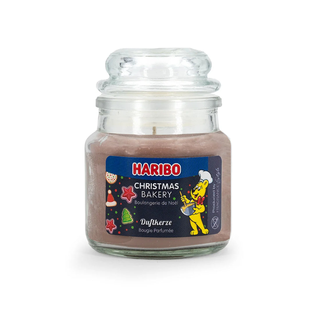 HARIBO Winterland scented candle set – gift box with three scented candles: Winter Cherry, Fluffy Clouds, and Vanilla Whipped Cream, featuring festive packaging and the classic HARIBO bear design