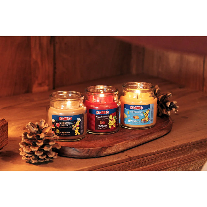 HARIBO Winterland scented candle set – gift box with three scented candles: Winter Cherry, Fluffy Clouds, and Vanilla Whipped Cream, featuring festive packaging and the classic HARIBO bear design