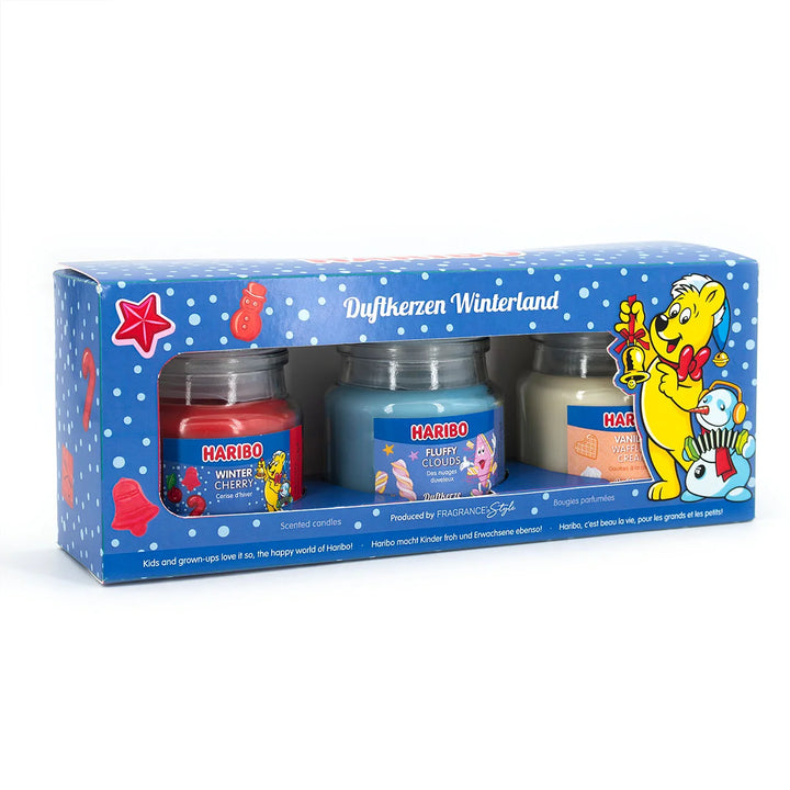 HARIBO Winterland scented candle set – gift box with three scented candles: Winter Cherry, Fluffy Clouds, and Vanilla Whipped Cream, featuring festive packaging and the classic HARIBO bear design