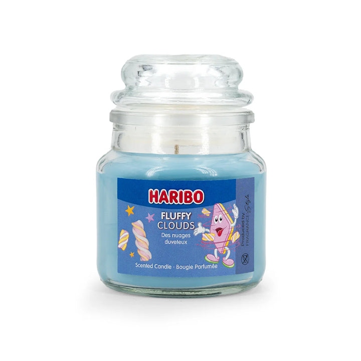 HARIBO Winterland scented candle set – gift box with three scented candles: Winter Cherry, Fluffy Clouds, and Vanilla Whipped Cream, featuring festive packaging and the classic HARIBO bear design