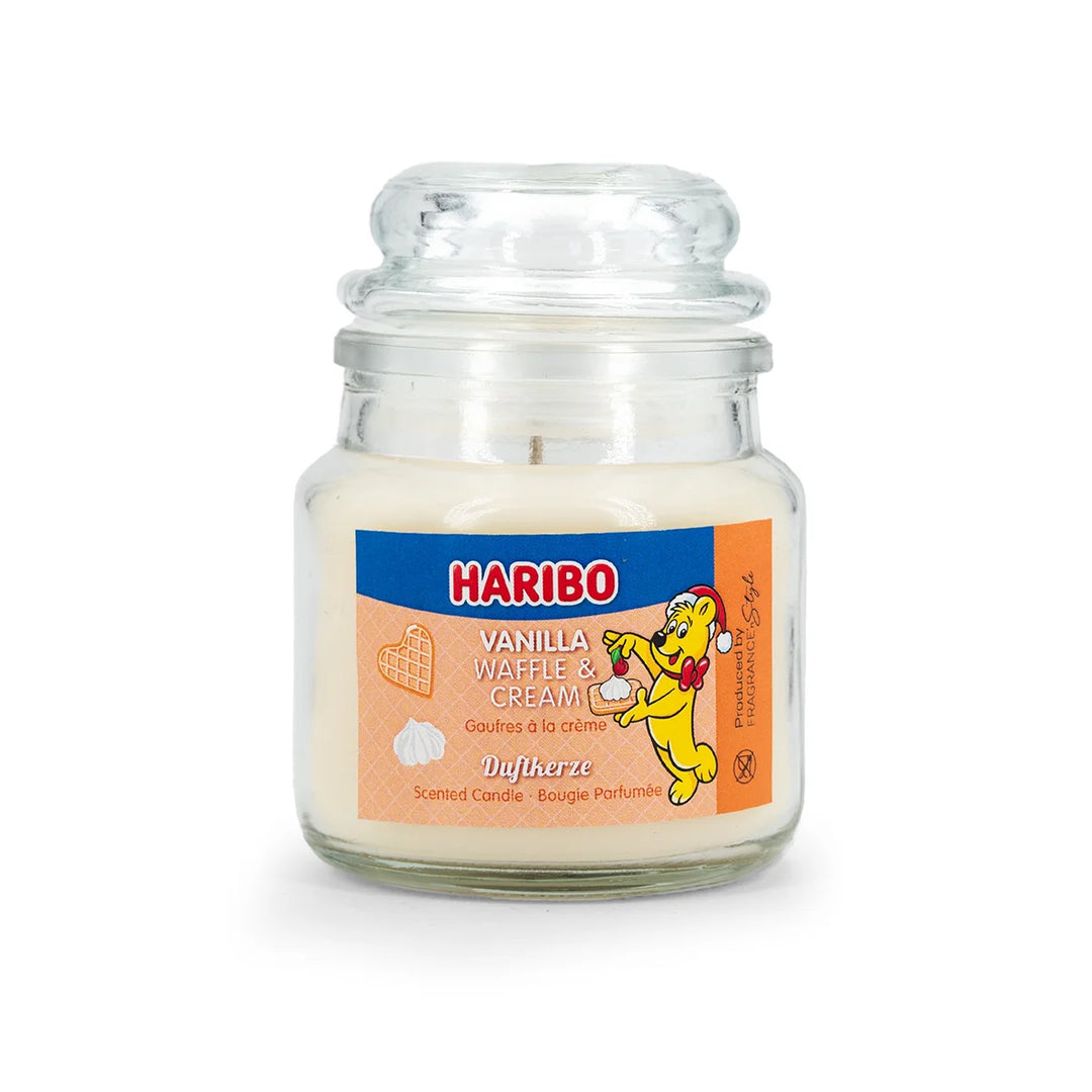 HARIBO Winterland scented candle set – gift box with three scented candles: Winter Cherry, Fluffy Clouds, and Vanilla Whipped Cream, featuring festive packaging and the classic HARIBO bear design