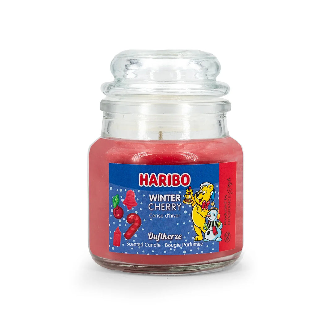 HARIBO Winterland scented candle set – gift box with three scented candles: Winter Cherry, Fluffy Clouds, and Vanilla Whipped Cream, featuring festive packaging and the classic HARIBO bear design.