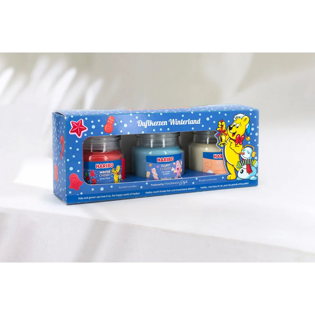 HARIBO Winterland scented candle set – gift box with three scented candles: Winter Cherry, Fluffy Clouds, and Vanilla Whipped Cream, featuring festive packaging and the classic HARIBO bear design.
