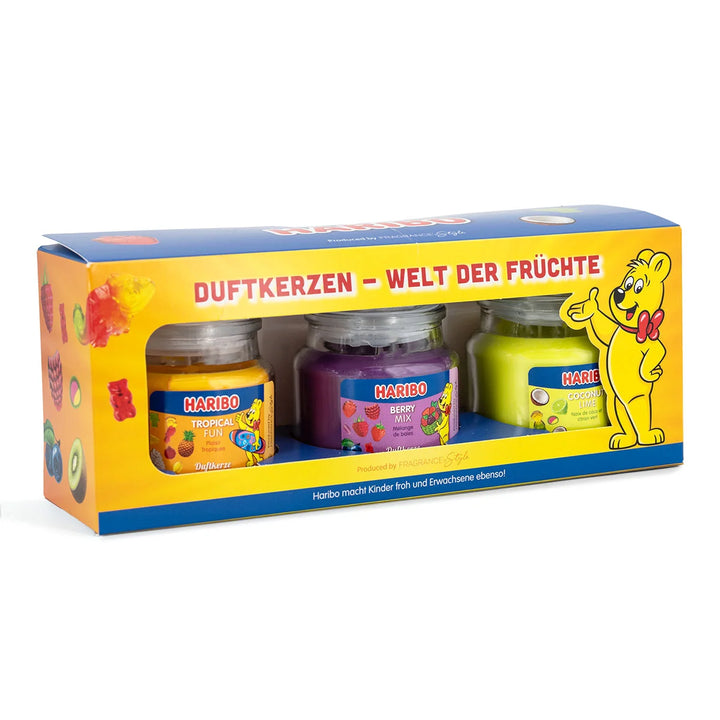 HARIBO Fruit Power scented candle set – colorful gift box with three scented candles: Tropical Fun, Berry Mix, and Coconut Lime, featuring fruity fragrances and the cheerful HARIBO bear design.