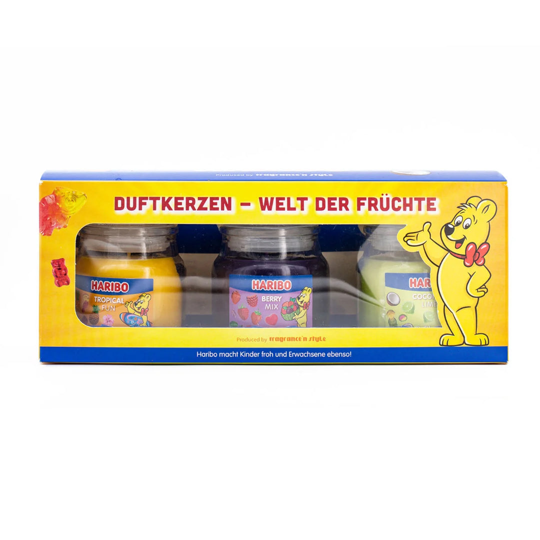 HARIBO Fruit Power scented candle set – colorful gift box with three scented candles: Tropical Fun, Berry Mix, and Coconut Lime, featuring fruity fragrances and the cheerful HARIBO bear design.