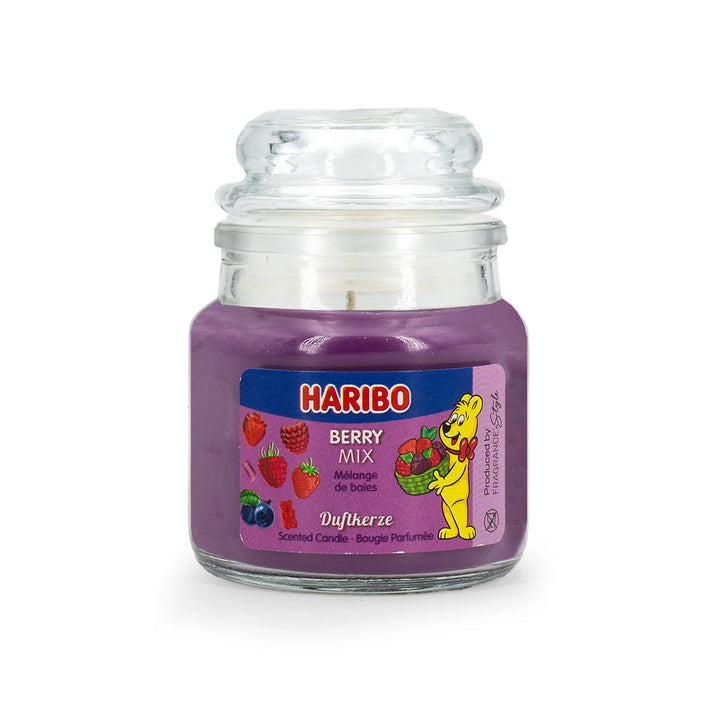 HARIBO Fruit Power scented candle set – colorful gift box with three scented candles: Tropical Fun, Berry Mix, and Coconut Lime, featuring fruity fragrances and the cheerful HARIBO bear design.