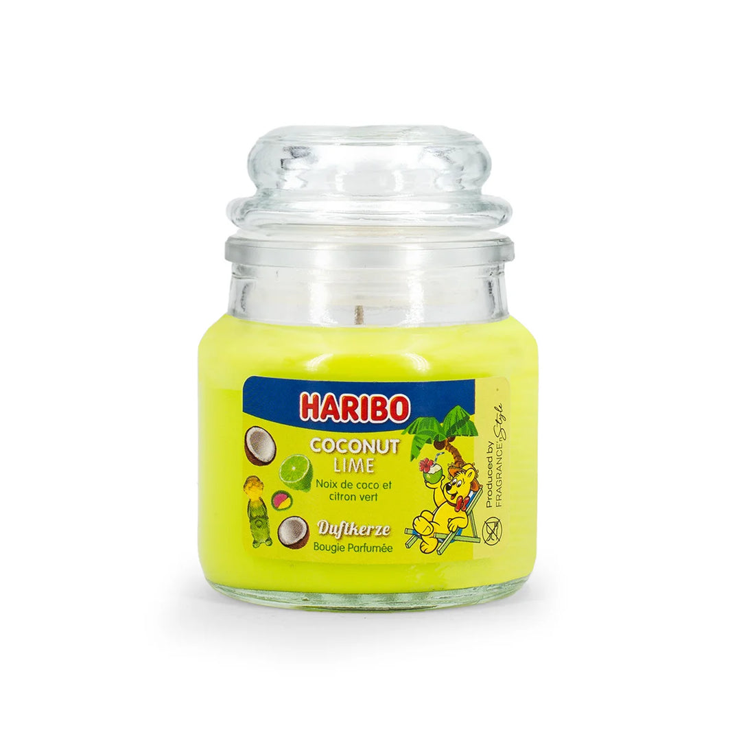 HARIBO Fruit Power scented candle set – colorful gift box with three scented candles: Tropical Fun, Berry Mix, and Coconut Lime, featuring fruity fragrances and the cheerful HARIBO bear design.