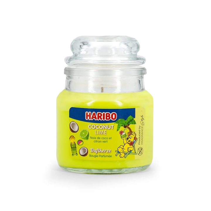HARIBO Fruit Power scented candle set – colorful gift box with three scented candles: Tropical Fun, Berry Mix, and Coconut Lime, featuring fruity fragrances and the cheerful HARIBO bear design.