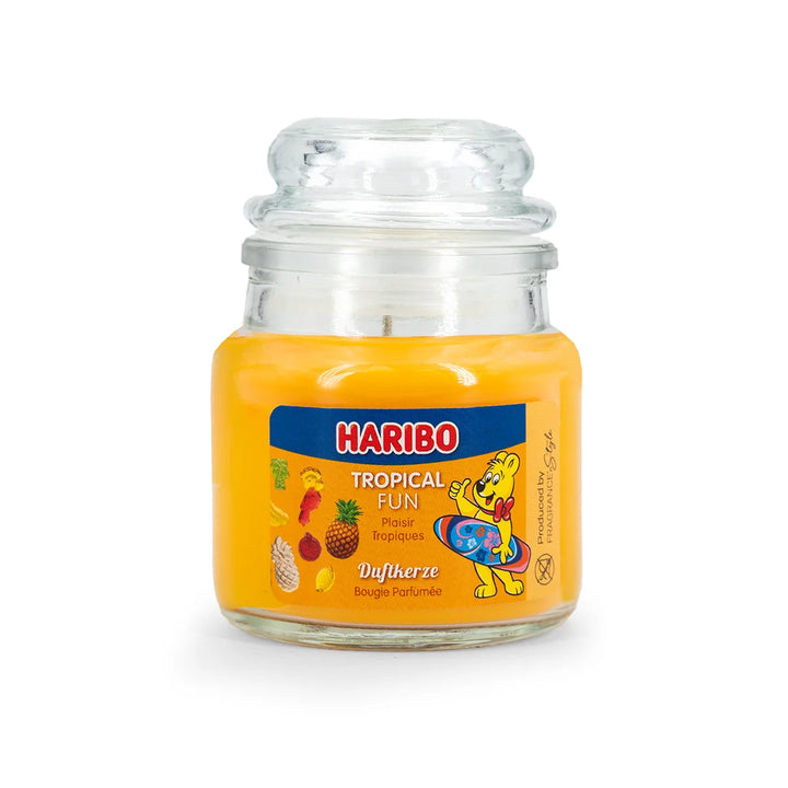 HARIBO Fruit Power scented candle set – colorful gift box with three scented candles: Tropical Fun, Berry Mix, and Coconut Lime, featuring fruity fragrances and the cheerful HARIBO bear design.