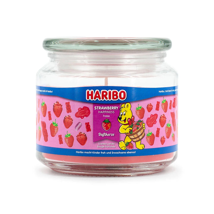 HARIBO Strawberry Happiness scented candle – red jar candle decorated with strawberries and the cheerful HARIBO bear design.