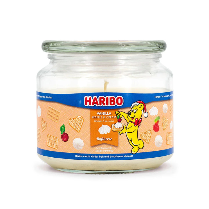 HARIBO Vanilla Waffle & Cream scented candle – off - white jar candle with HARIBO bear holding a waffle.