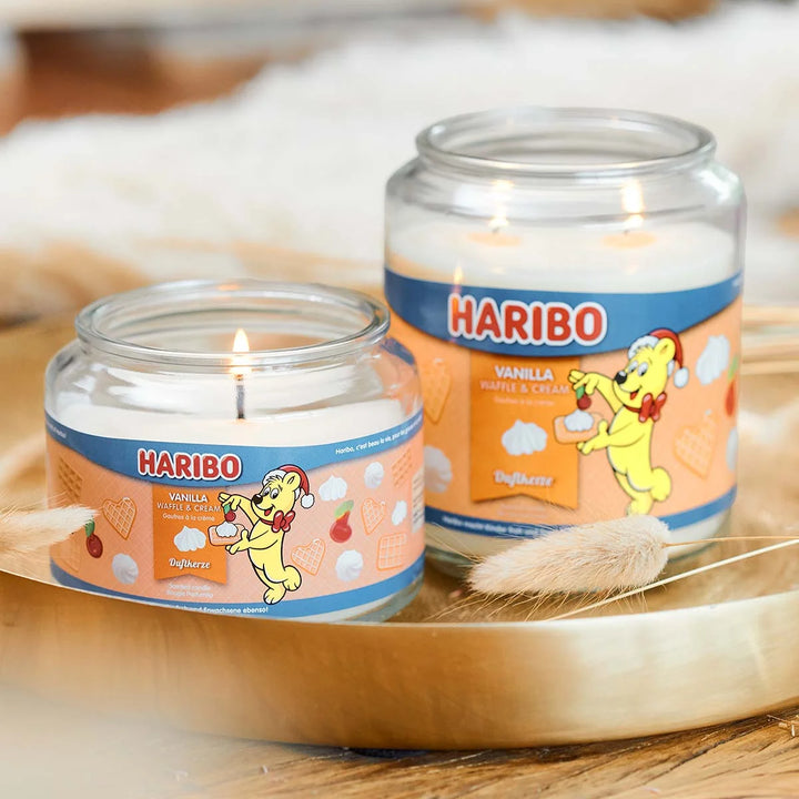 HARIBO Vanilla Waffle & Cream scented candle – off - white jar candle with HARIBO bear holding a waffle.