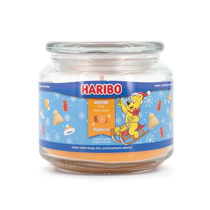 HARIBO Winter Fun scented candle – orange jar candle decorated with festive theme and the cheerful HARIBO bear.