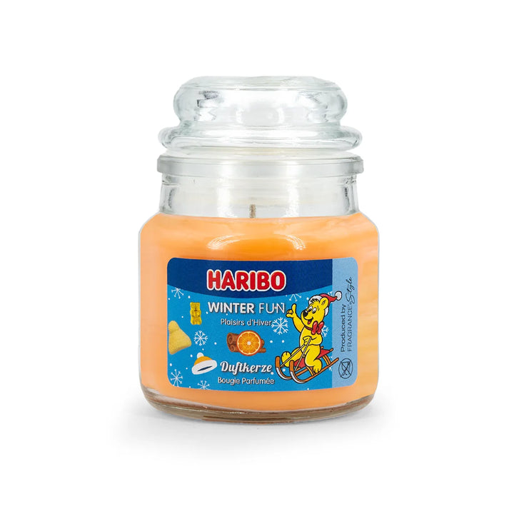 HARIBO Winter Fun scented candle – orange jar candle decorated with festive theme and the cheerful HARIBO bear.