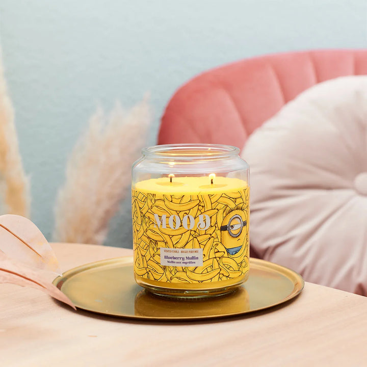 Minions Mood Blueberry Muffin Scented Candle in glass jar with wooden lid and banana design label