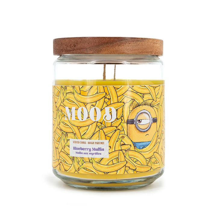 Minions Mood Blueberry Muffin Scented Candle in glass jar with wooden lid and banana design label