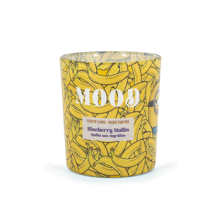 Minions Mood Blueberry Muffin Scented Candle in glass jar with banana design label