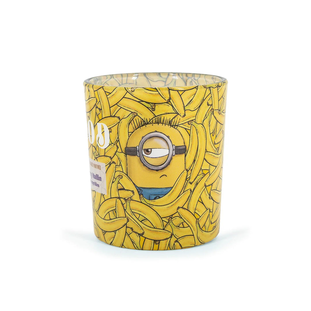 Minions Mood Blueberry Muffin Scented Candle in glass jar with banana design label