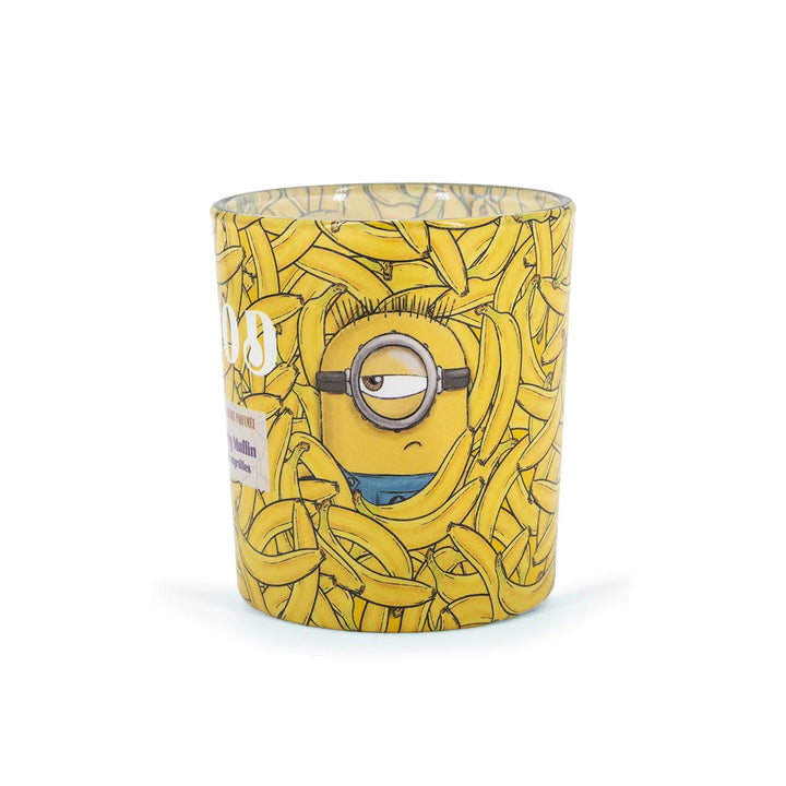 Minions Mood Blueberry Muffin Scented Candle in glass jar with banana design label