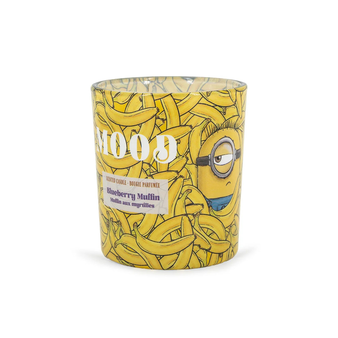 Minions Mood Blueberry Muffin Scented Candle in glass jar with banana design label