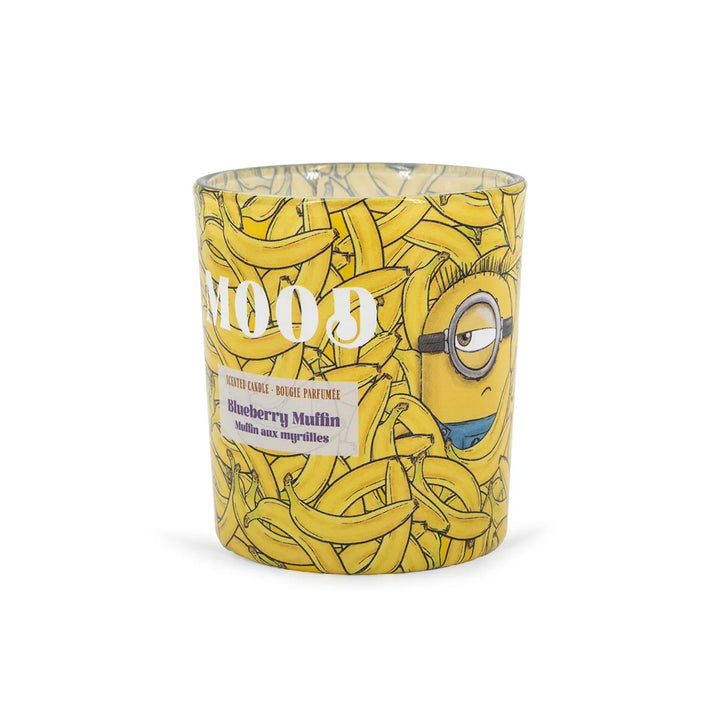 Minions Mood Blueberry Muffin Scented Candle in glass jar with banana design label
