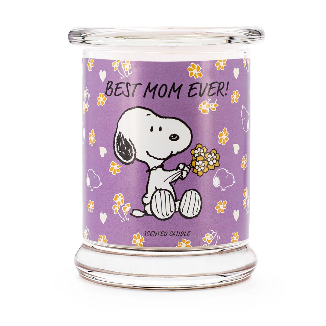 Peanuts Best Mom Ever Scented Candle  in glass jar with cotton wick and purple design label with snoopy 