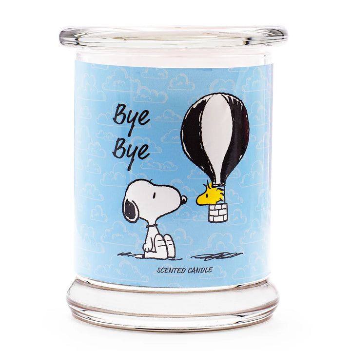 Peanuts Bye Bye Scented Candle  in glass jar with cotton wick and blue design label with snoopy 