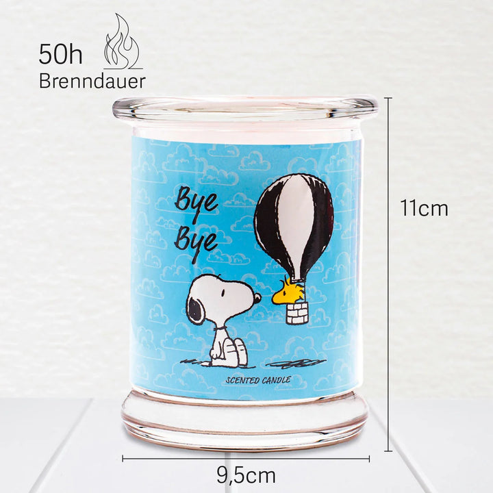 Peanuts Bye Bye Scented Candle  in glass jar with cotton wick and blue design label with snoopy 