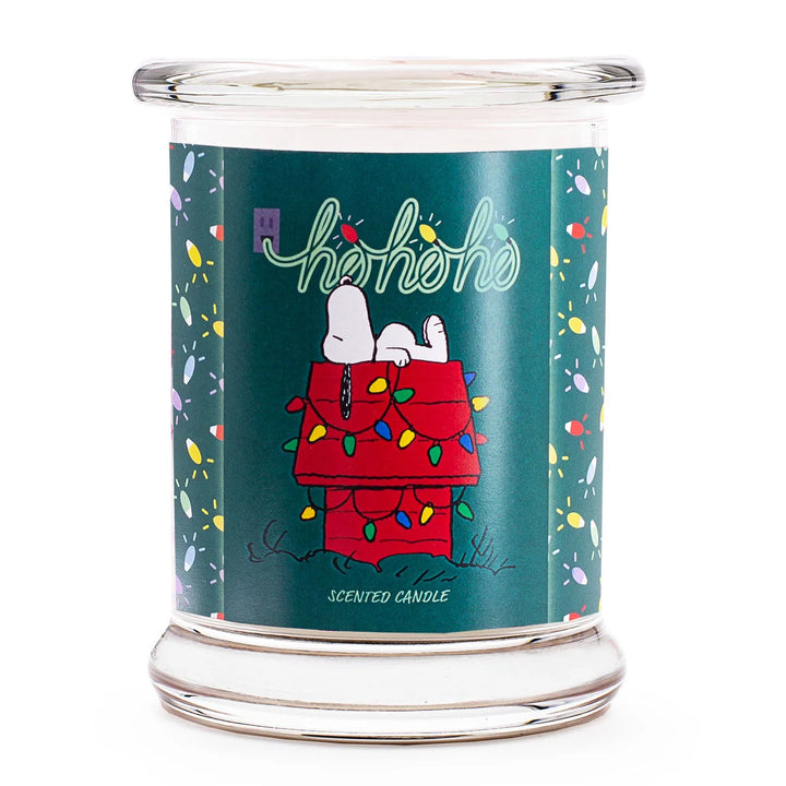 Peanuts HoHoHo Scented Candle in glass jar with cotton wick and green design label with snoopy