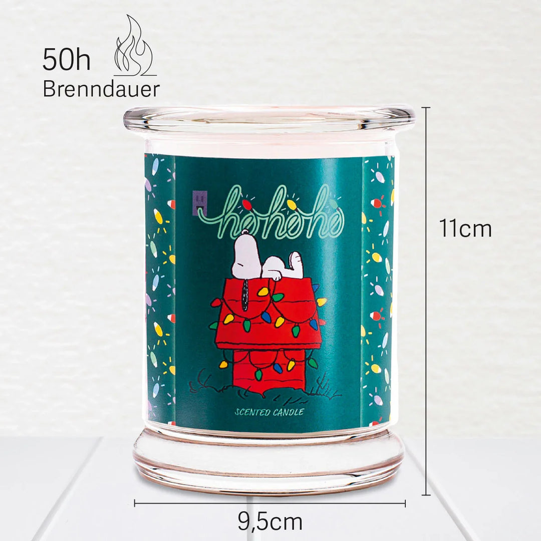 Peanuts HoHoHo Scented Candle in glass jar with cotton wick and green design label with snoopy