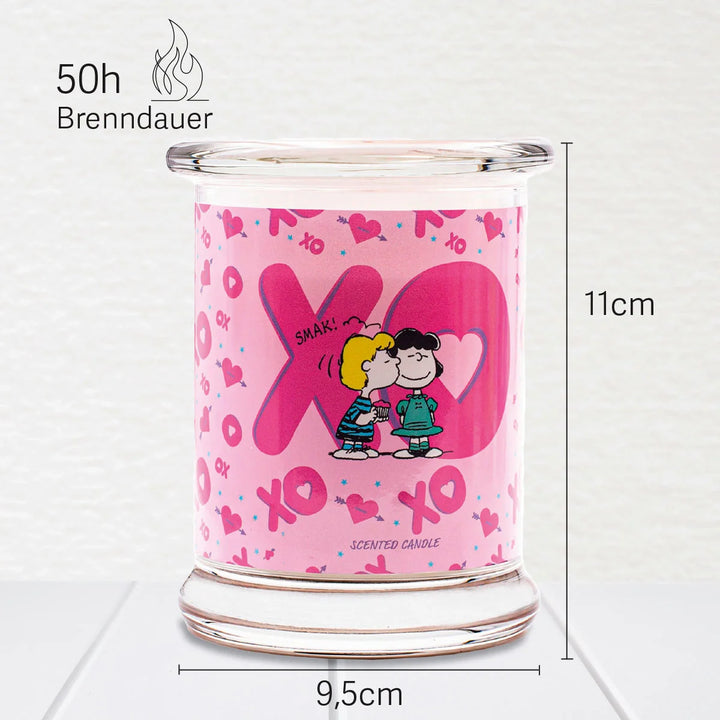 Peanuts XOXO Scented Candle  in glass jar with cotton wick and pink design label 