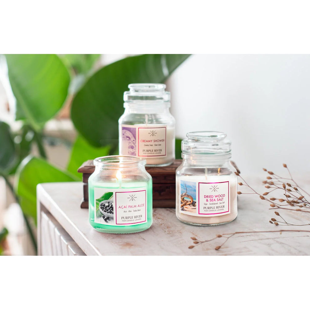 Creamy Shower Scented Candle in glass jar with cotton wick and white wax